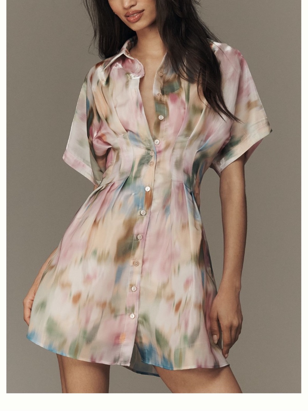 🟤NWT EXQUISE Tobie Organza Button-Front Mini Shirt Dress in Pastel Floral XS